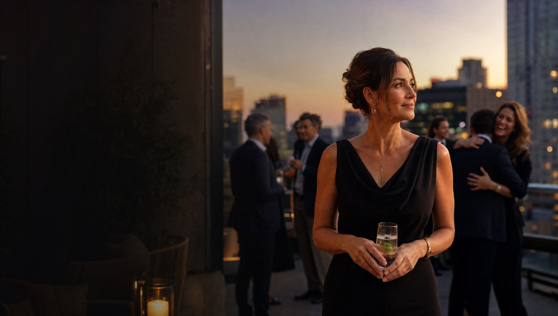 A single woman at an evening rooftop gathering, looking out at the skyline
